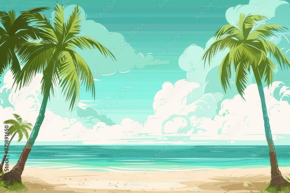 flat style beach scene with palm trees and scenic mountain views flat style beach scene with palm trees and scenic mountain views