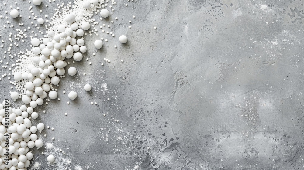 White beads on gray surface from above with space for text focused White beads on gray surface from above with space for text focused