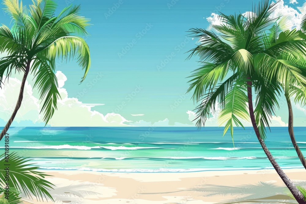 Fototapeta premium serene beach illustration in flat style with palm trees and mountain views