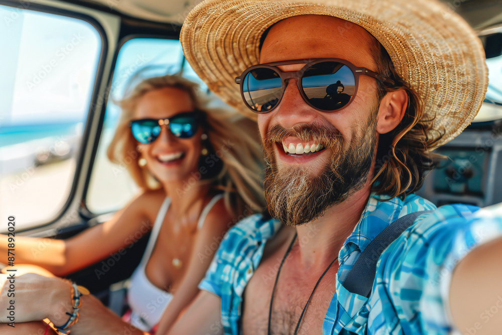 Couple on vacation on the roadtrip having fun driving Couple on vacation on the roadtrip having fun driving