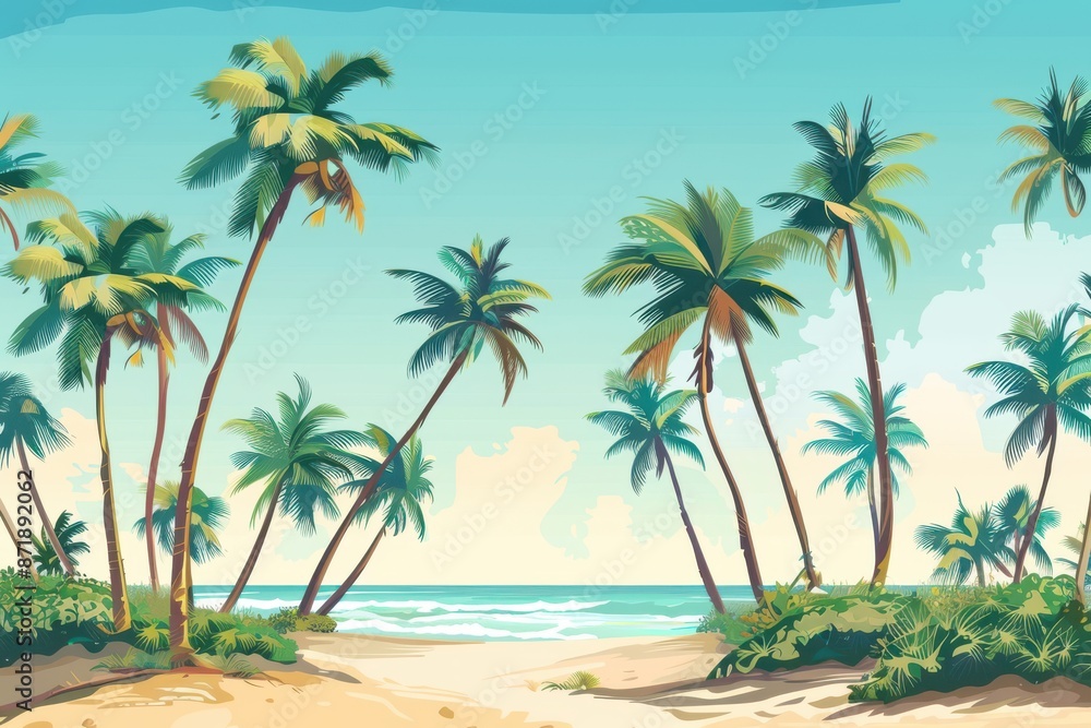 paradise beach illustration featuring palm trees and sandy shore in flat design paradise beach illustration featuring palm trees and sandy shore in flat design