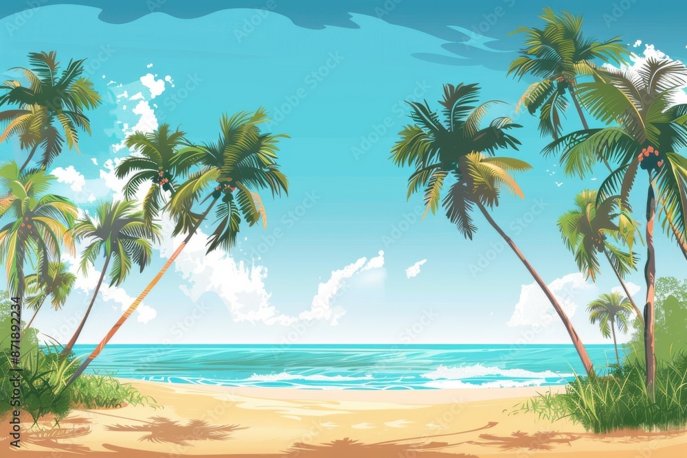 Fototapeta premium flat design of a serene beach with palm trees and mountain views