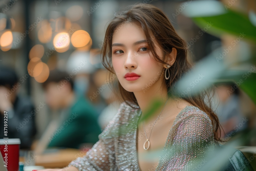 Obraz premium A stylish woman with a thoughtful expression sits in a modern café, with blurred lights and greenery in the background, creating a serene and chic atmosphere.