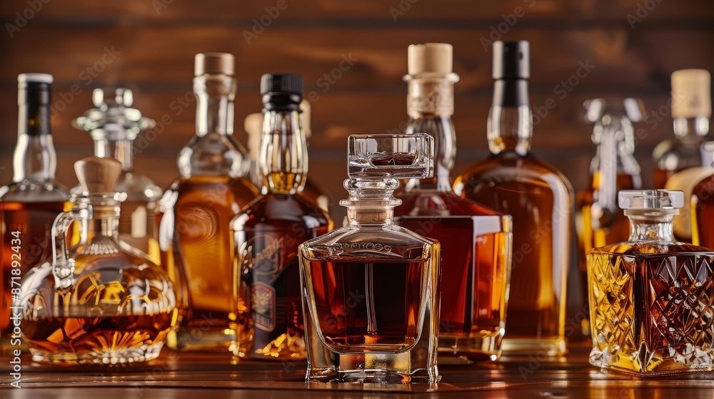 A collection of various whiskey bottles with rich, amber spirits displayed elegantly on a wooden surface, showcasing diversity in design and flavor.
A collection of various whiskey bottles with rich, amber spirits displayed elegantly on a wooden surface, showcasing diversity in design and flavor.