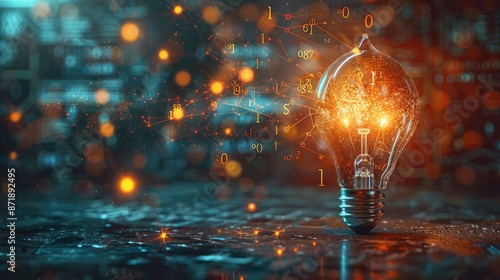 Glowing lamp as a symbol of scientific thought against the background of physical and mathematical formulas. Science and education background