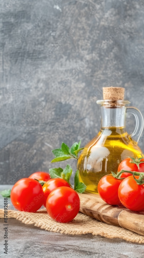 A glass bottle of olive oil, fresh tomatoes, and basil leaves are arranged on a rustic wooden table A glass bottle of olive oil, fresh tomatoes, and basil leaves are arranged on a rustic wooden table