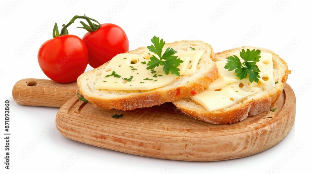 A simple sandwich with cheese and tomato on two slices of bread, placed on a wooden cutting board A simple sandwich with cheese and tomato on two slices of bread, placed on a wooden cutting board