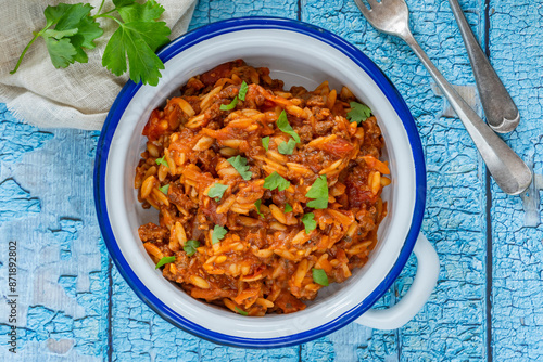 Orzo pasta bolognese with meatless quorn mince photo