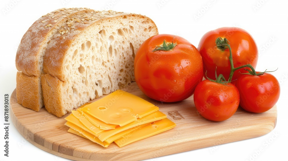 A simple sandwich with cheese and tomato on two slices of bread, placed on a wooden cutting board A simple sandwich with cheese and tomato on two slices of bread, placed on a wooden cutting board