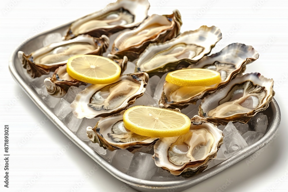 Fresh oysters served on a bed of ice with lemon slices on a silver tray, showcasing a luxurious seafood delicacy.
Fresh oysters served on a bed of ice with lemon slices on a silver tray, showcasing a luxurious seafood delicacy.