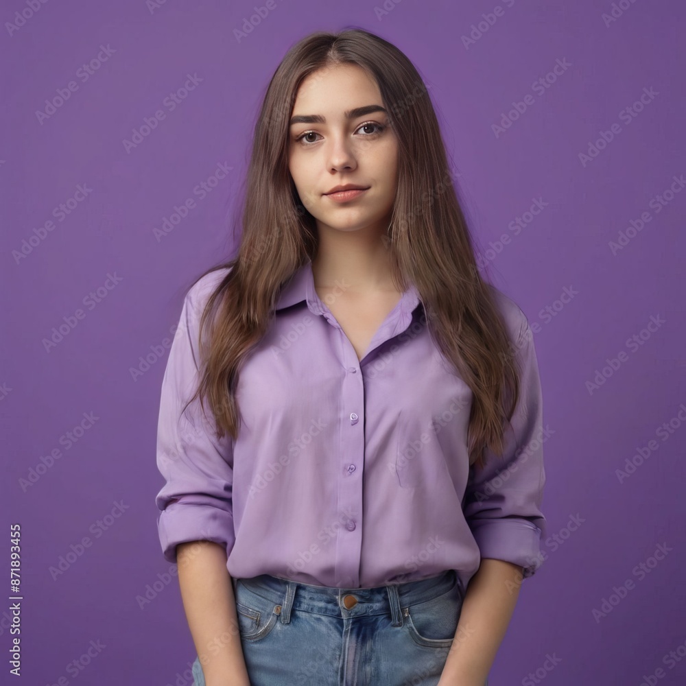 The portrait of a lovely young girl looks space wearing a shirt isolated on a purple color background The portrait of a lovely young girl looks space wearing a shirt isolated on a purple color background