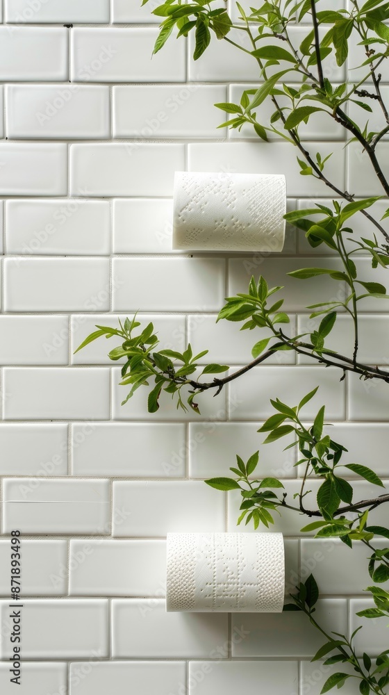 Obraz premium Three rolls of paper towels on a marble countertop, arranged in a triangle. A green plant in a brown pot in the background. Light gray wall