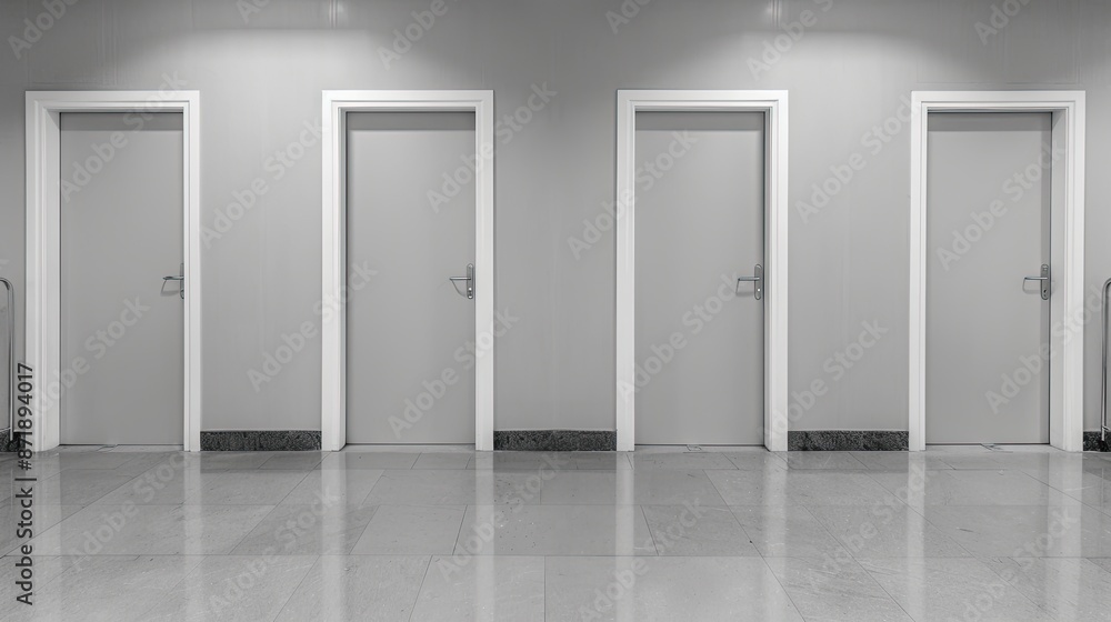 Four closed doors with white frames and chrome door handles in a hallway with white walls and a grey tile floor Four closed doors with white frames and chrome door handles in a hallway with white walls and a grey tile floor