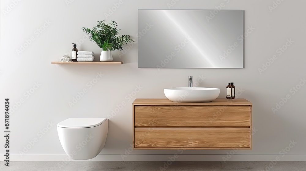 A modern bathroom vanity with a white sink and a wooden cabinet with two drawers. The vanity is mounted to the wall and features a large, rectangular mirror above it A modern bathroom vanity with a white sink and a wooden cabinet with two drawers. The vanity is mounted to the wall and features a large, rectangular mirror above it