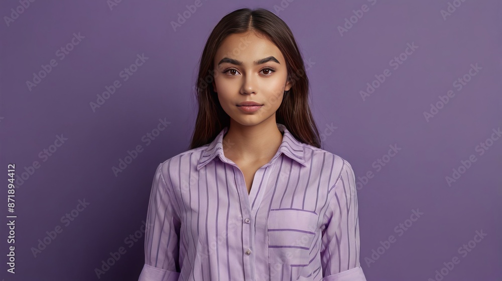 The portrait of a lovely young girl looks space wearing a shirt isolated on a purple color background The portrait of a lovely young girl looks space wearing a shirt isolated on a purple color background