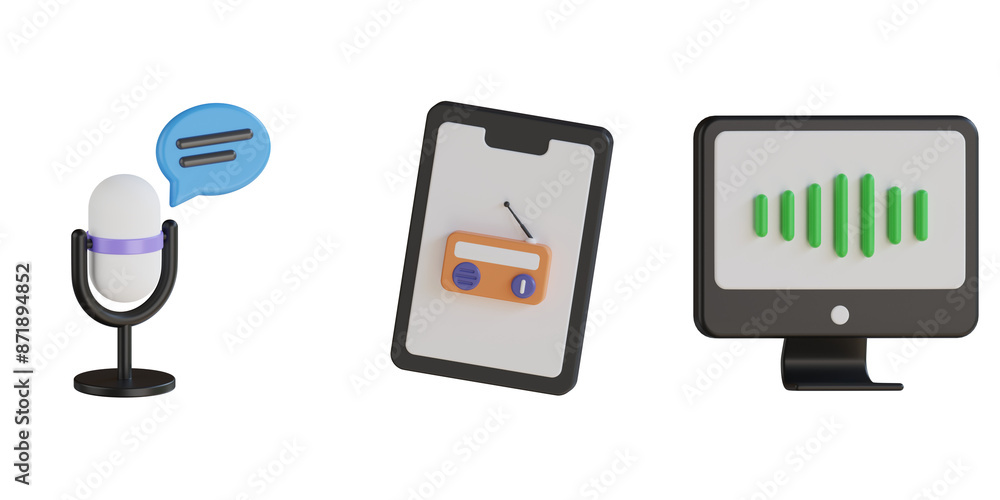 3d icon of Radio Messgae, Phone Radio, Online Radio Frequency. Radio 3d set. Transparent background 3d icon of Radio Messgae, Phone Radio, Online Radio Frequency. Radio 3d set. Transparent background