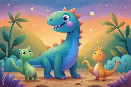 Fototapeta Naklejka Na Ścianę i Meble -  Three happy cartoon dinosaurs in a prehistoric landscape with a colorful sunset sky, featuring stars and lush vegetation.