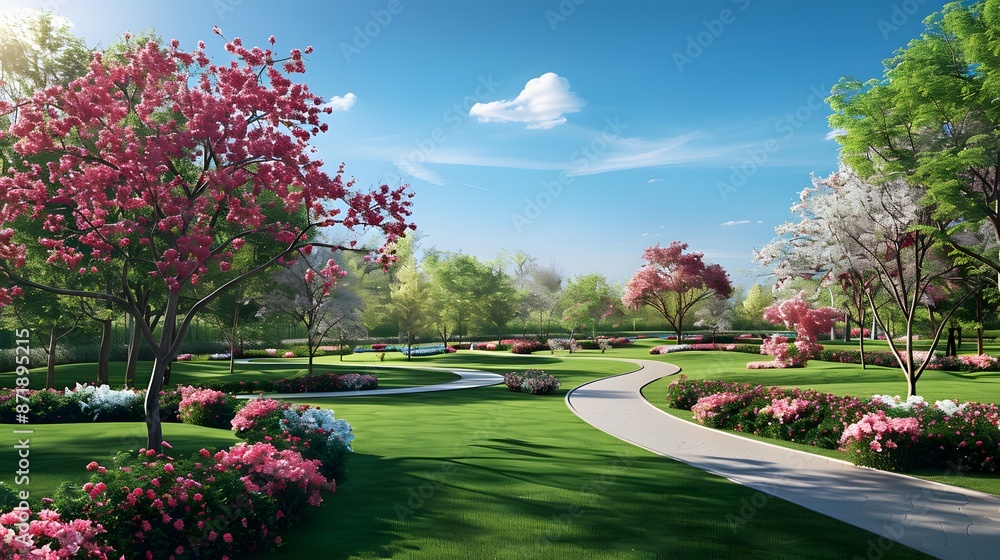 Fototapeta premium Serene Garden Haven: A Tranquil Oasis of Colorful Blooms and Lush Greenery