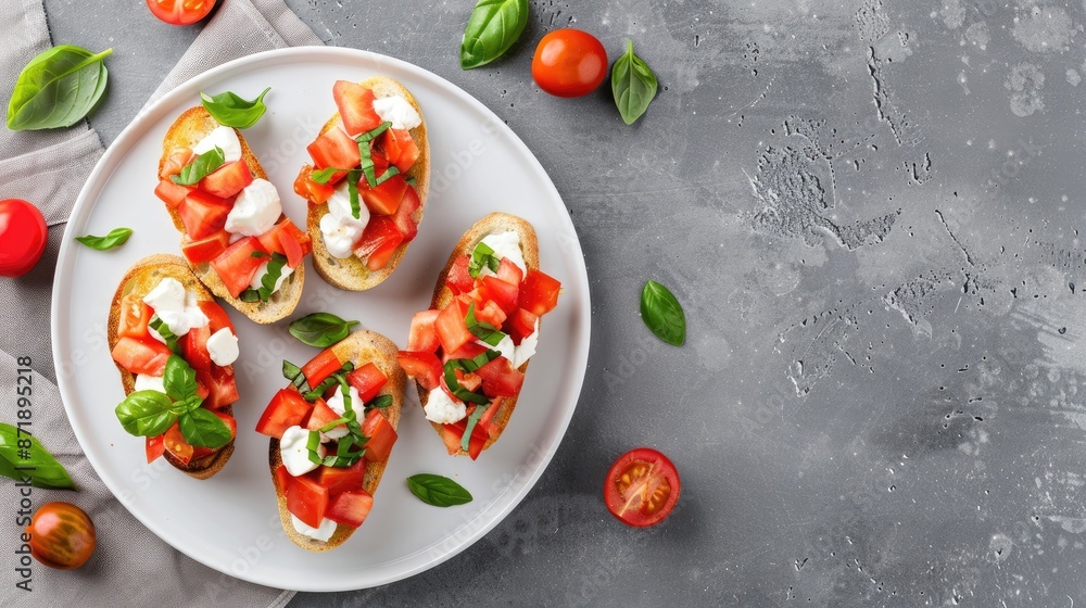 Four pieces of toasted bread topped with fresh mozzarella, sliced tomatoes, and basil leaves Four pieces of toasted bread topped with fresh mozzarella, sliced tomatoes, and basil leaves