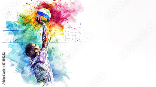 Colorful watercolor painting of volleyball athlete player action at game