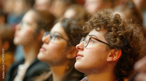 Pupils listen to a lecture in a university auditorium