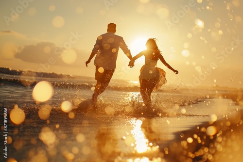 A joyful pair strolling along the sandy shore, with blurry lights, water splashing and sunlight gleaming.