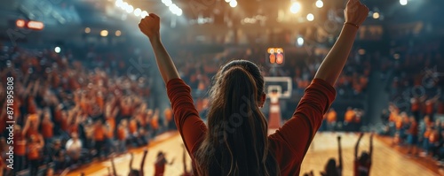 Female sports fan cheering at a college basketball game