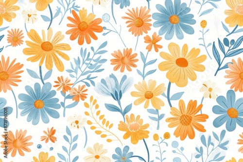 seamless floral pattern of orange and yellow flowers in watercolor on light background