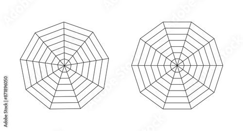 Radar, spider diagram template. Polygon graphs. Spider mesh. Diagrams for statistic and analytic. Blank radar charts. Simple coaching tool. Decagon, enneagon grid with segments. Flat illustration.