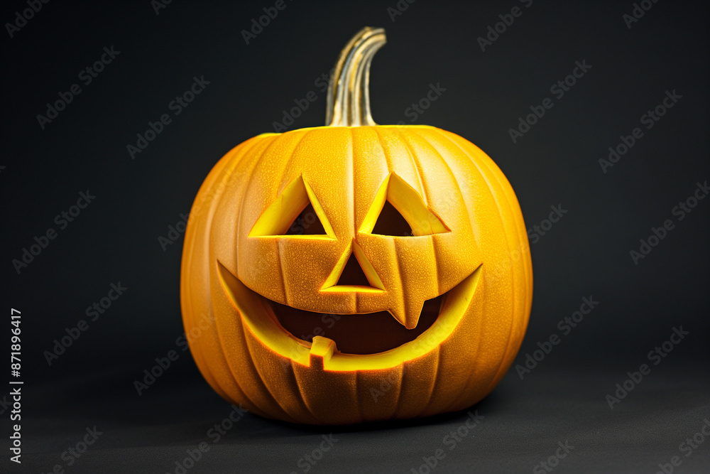 A cheerful Halloween pumpkin head with a smiling expression, placed against a dramatic black background A cheerful Halloween pumpkin head with a smiling expression, placed against a dramatic black background