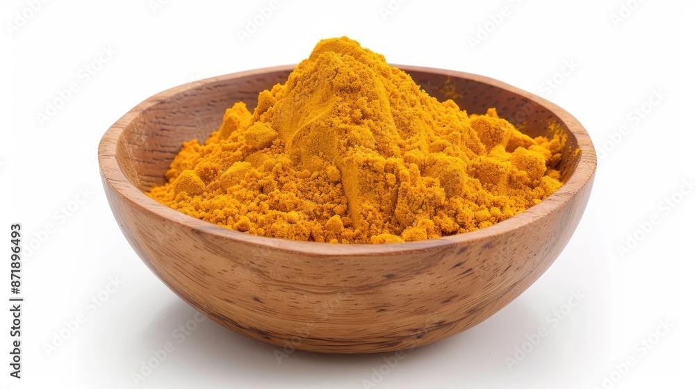 A wooden bowl filled with yellow turmeric powder and a sprig of green parsley, set on a white background A wooden bowl filled with yellow turmeric powder and a sprig of green parsley, set on a white background
