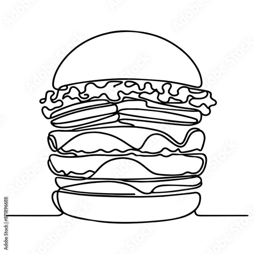 Single line drawing of burger. Fast food hamburger made of one continuous line, vector