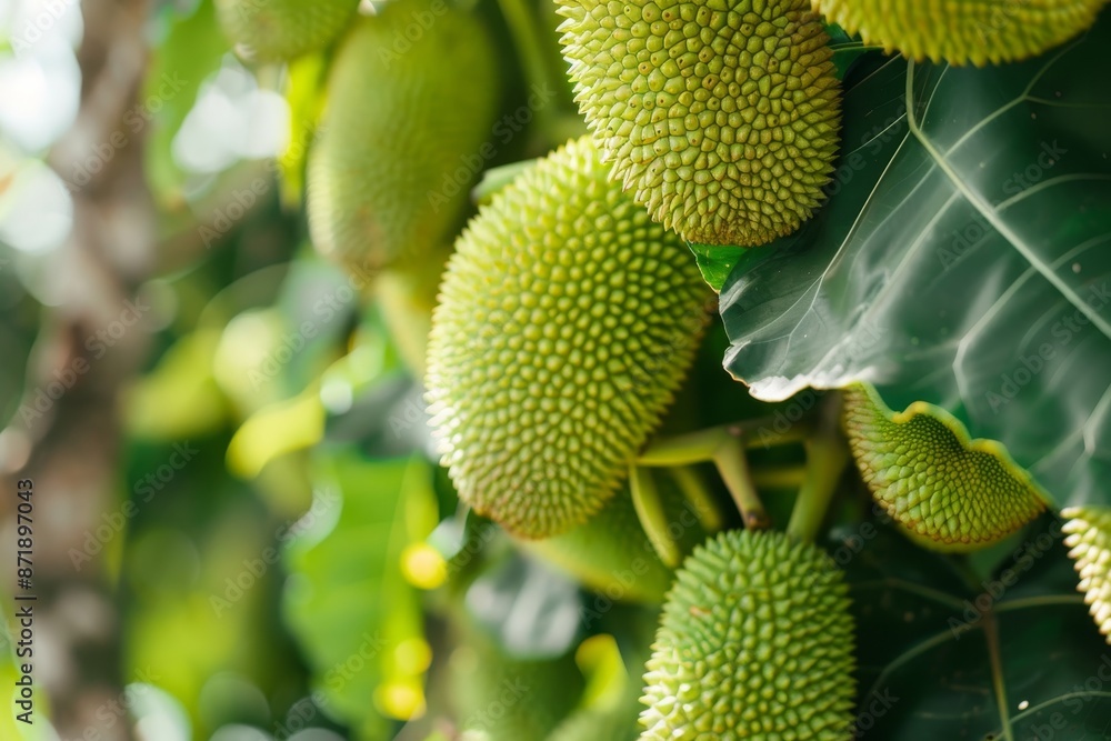 Fresh young green jackfruit grows