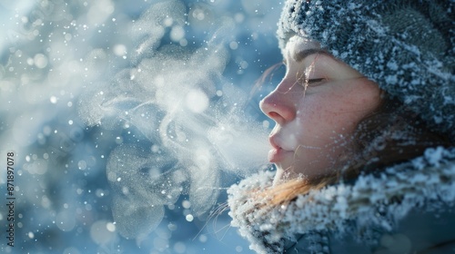 Wallpaper Mural A close-up of a person blowing into their hands to keep warm, with visible breath vapor and icy surroundings, capturing the human experience of winter. AI Generative. Torontodigital.ca