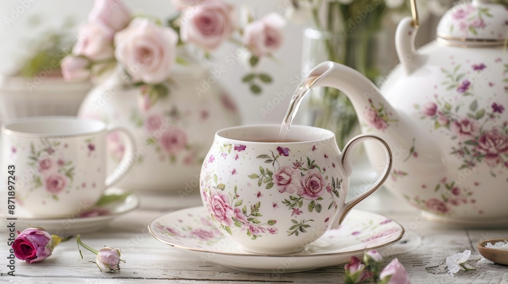 A delicate floral teapot pouring out a fragrant rose and elderflower infusion into a dainty cup. A delicate floral teapot pouring out a fragrant rose and elderflower infusion into a dainty cup.