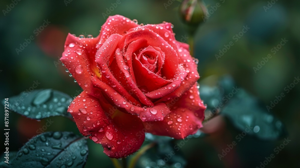 A close-up of a vibrant red rose with dewdrops on its petals, set against a soft-focus green background. Perfect for themes of natural beauty. AI Generative. A close-up of a vibrant red rose with dewdrops on its petals, set against a soft-focus green background. Perfect for themes of natural beauty. AI Generative.