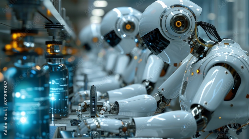 Detailed shot of robots working on an assembly line in a futuristic lab, demonstrating precision and advanced technology in manufacturing. AI Generative. Detailed shot of robots working on an assembly line in a futuristic lab, demonstrating precision and advanced technology in manufacturing. AI Generative.