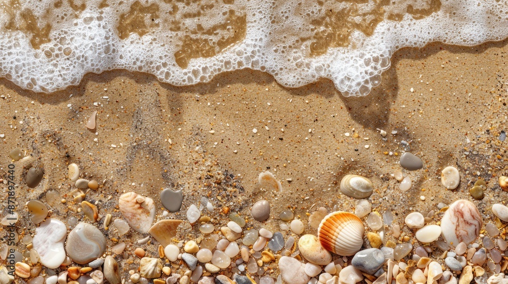 Sandy beach with pebbles Brown texture with stones Summer theme Top view with empty space Sandy beach with pebbles Brown texture with stones Summer theme Top view with empty space