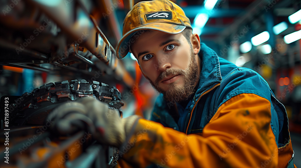 auto mechanic fixes a car standing at the hood, maintenance man fixing a car brakes, a mechanic at work, wearing a navy blue work suit and a cap. He is focused on repairing a machine