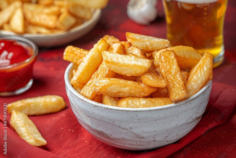 Fried cassava in white ceramic bowl with ketchup and beer on red studio background Fried cassava in white ceramic bowl with ketchup and beer on red studio background