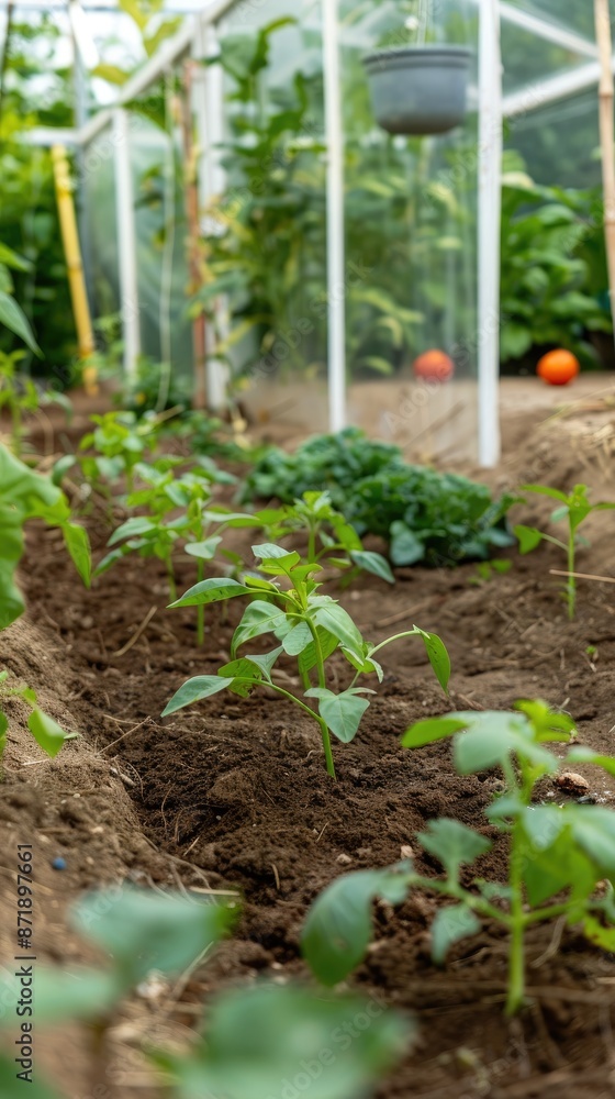 A large greenhouse filled with rows of green plants in white buckets, growing under a clear plastic roof A large greenhouse filled with rows of green plants in white buckets, growing under a clear plastic roof