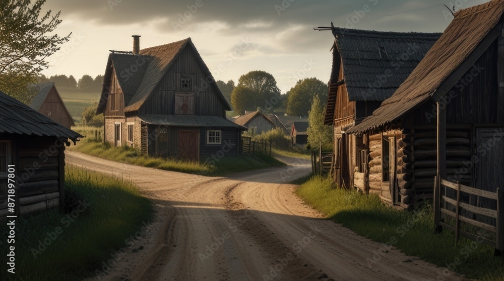 A dirt road winds through a village with old wooden houses and barns A dirt road winds through a village with old wooden houses and barns