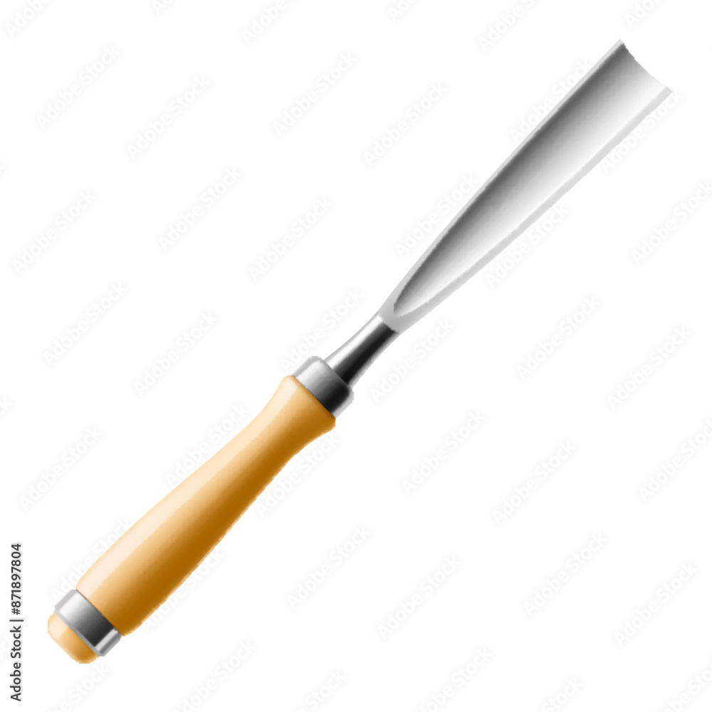 Chisel, carpentry hand tools for woodworking and wood carving. Stand for working with wood. Chisel with wooden handle isolated on transparent background. Realistic 3d Vector illustration. Chisel, carpentry hand tools for woodworking and wood carving. Stand for working with wood. Chisel with wooden handle isolated on transparent background. Realistic 3d Vector illustration.