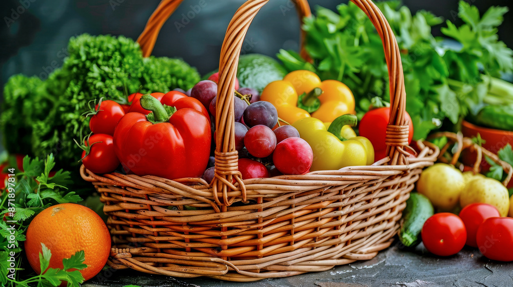 Wicker basket overflowing with fresh fruits and vegetables, including peppers, grapes, and lettuce, showcasing the abundance of a healthy harvest Wicker basket overflowing with fresh fruits and vegetables, including peppers, grapes, and lettuce, showcasing the abundance of a healthy harvest