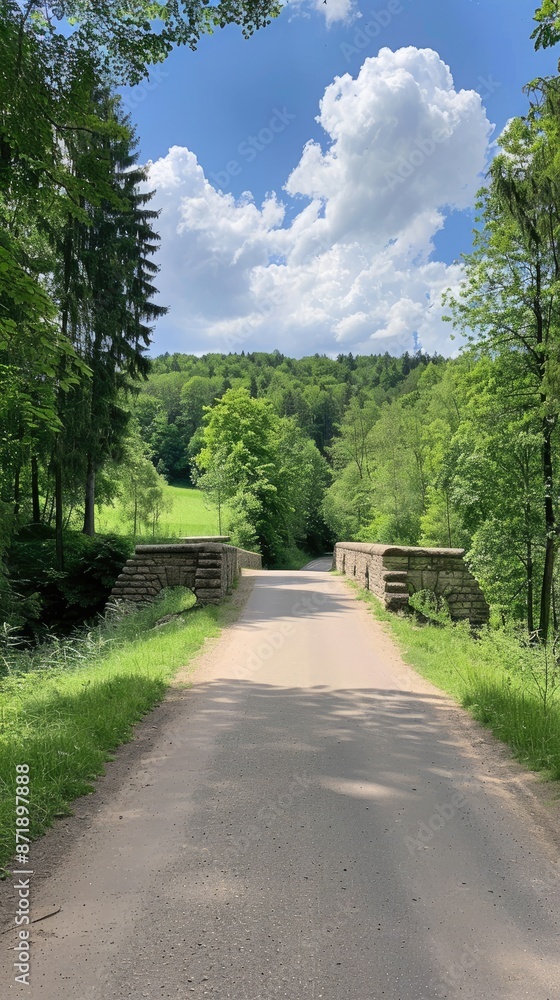 A large stone viaduct bridge with multiple arches spans a dry riverbed surrounded by lush green trees and a clear blue sky A large stone viaduct bridge with multiple arches spans a dry riverbed surrounded by lush green trees and a clear blue sky