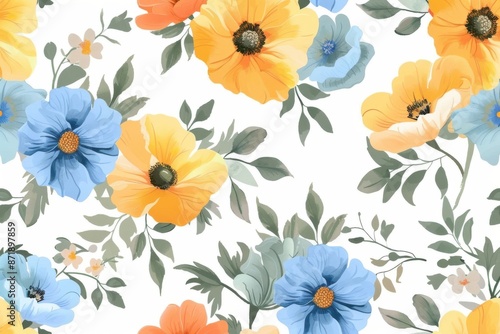 watercolor design with seamless pattern of orange and yellow flowers on light background
