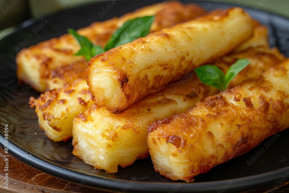Fried Manioc with melted cheese on black plate typical Brazilian dish Fried Manioc with melted cheese on black plate typical Brazilian dish