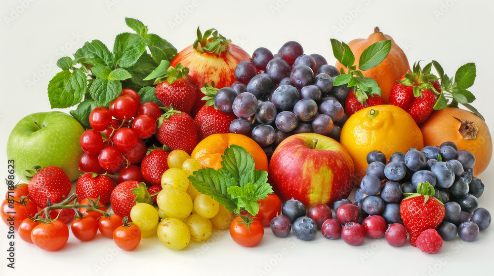 Variety of colorful fruits and berries are arranged on a white background, showcasing their freshness and vibrancy Variety of colorful fruits and berries are arranged on a white background, showcasing their freshness and vibrancy