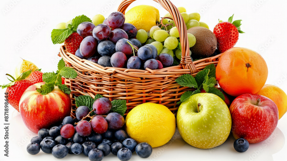 Wicker basket overflowing with a variety of fresh fruits including grapes, apples, blueberries, and oranges, on a white background Wicker basket overflowing with a variety of fresh fruits including grapes, apples, blueberries, and oranges, on a white background