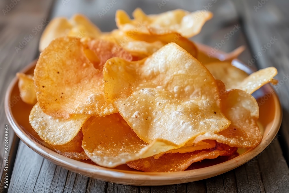 Fried Tapioca chips on a wooden plate Fried Tapioca chips on a wooden plate
